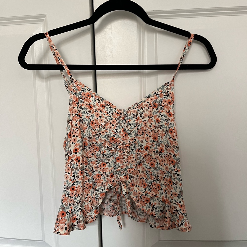 NWT Cropped Floral Tank Top with Riffle Trim and Tie Detail